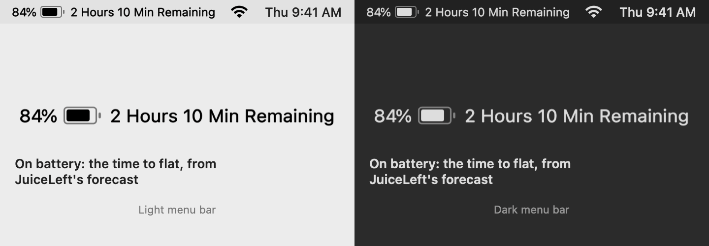 Animated JuiceLeft menu-bar item on a light and a dark menu bar: 84% with the battery glyph and the time remaining, the level falling, the whole item pulsing red below the warning level, the bolt and the time until full when the charger goes in, and a slash when monitoring is turned off