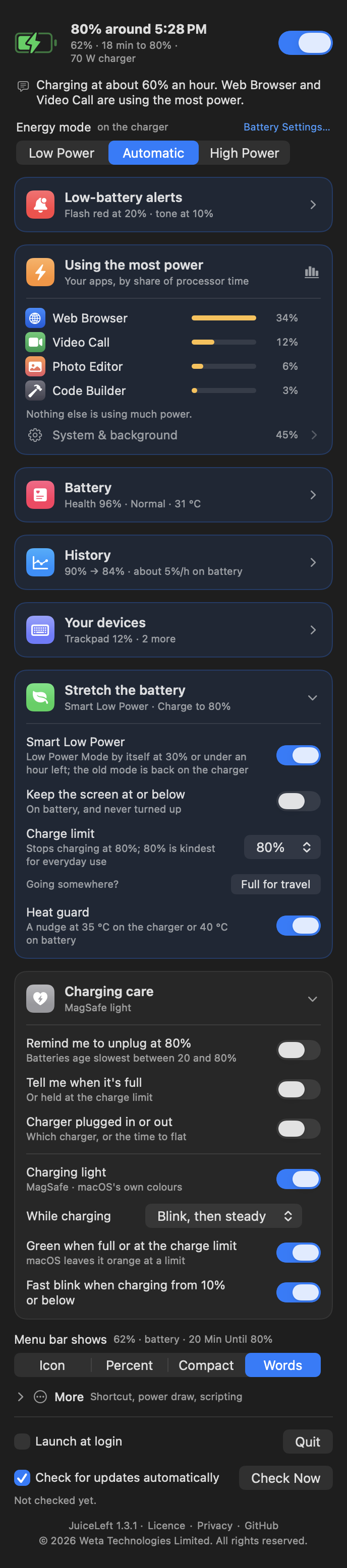 JuiceLeft panel while charging, dark: Full around 12:25 AM, Stretch the battery with the charge limit, and charging care
