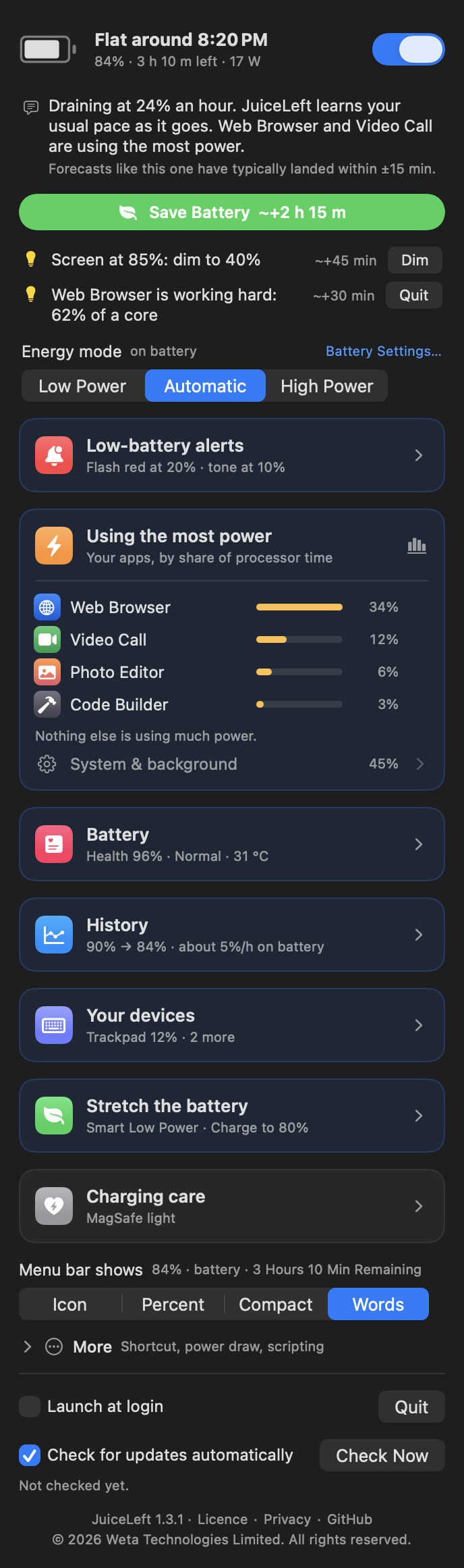 JuiceLeft panel on battery, dark appearance