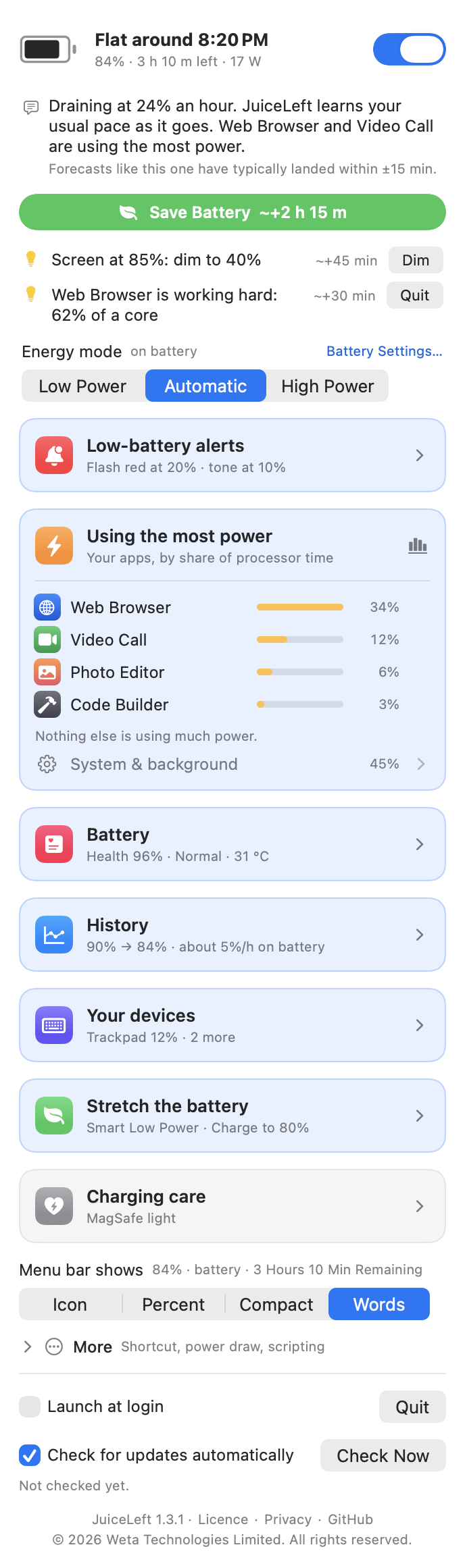 JuiceLeft panel on battery, light appearance: Flat around 4:22 AM, the Save Battery button with its gain, two tips, the energy mode, and the cards with Stretch the battery open