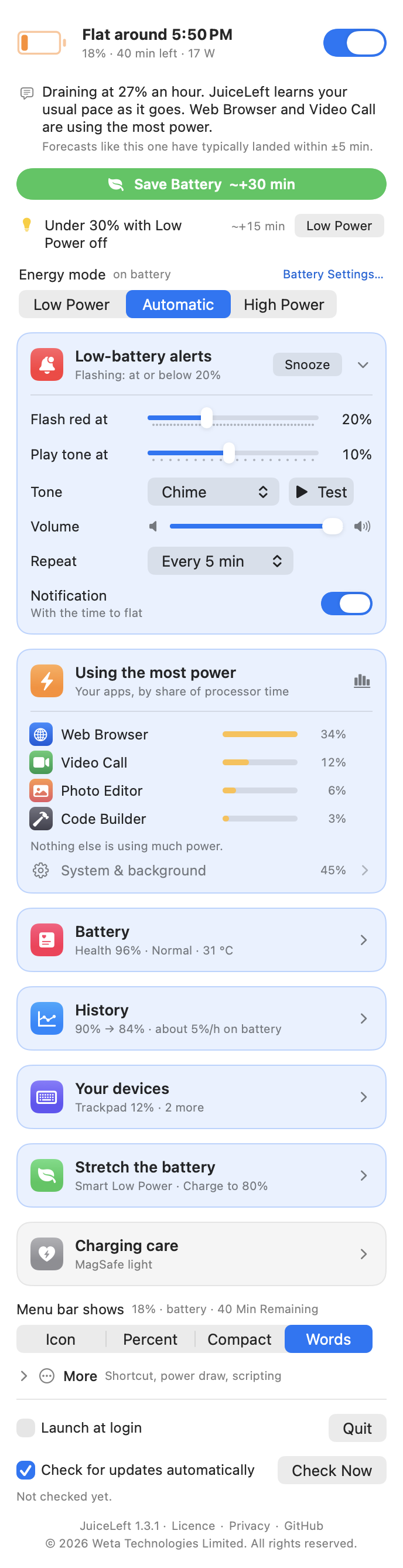 JuiceLeft panel at 18 percent, light: the header tinted orange and the alerts card saying Flashing, with a Snooze button