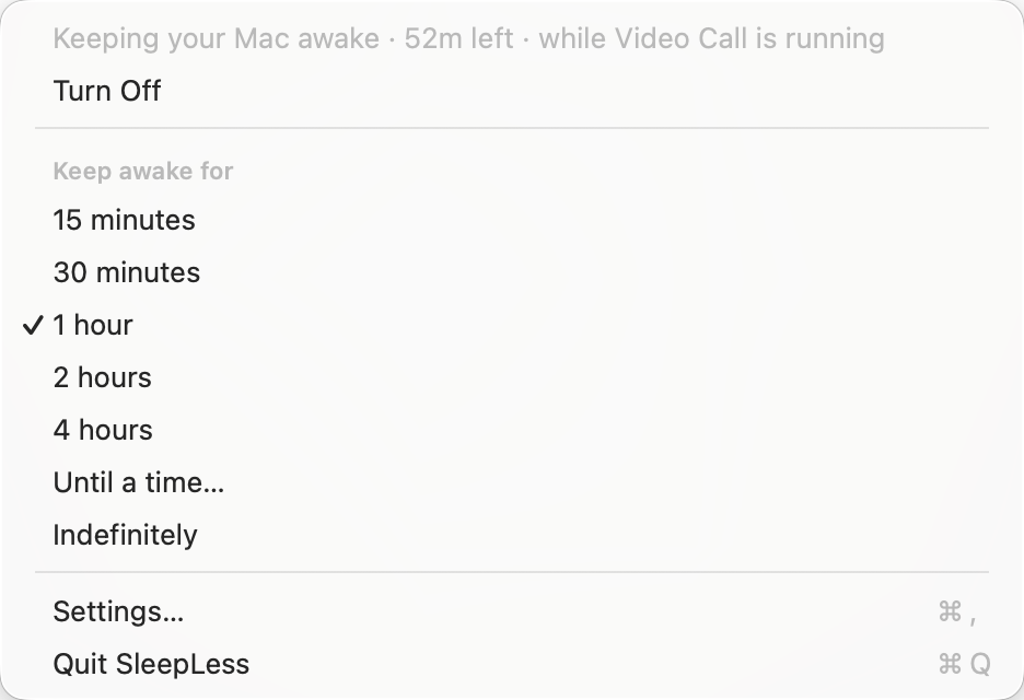 The right-click menu on the menu-bar icon: the current state, Turn On, Keep awake for 15 minutes to 4 hours, Until a time, Indefinitely, Settings and Quit