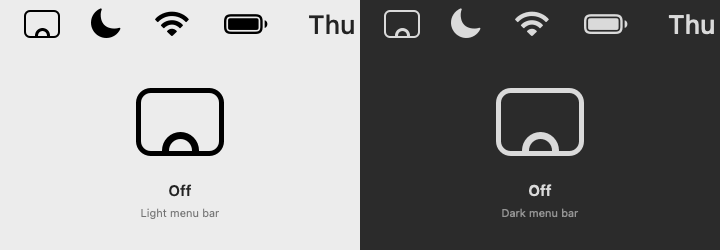 Animated SleepLess menu-bar icon on a light and a dark menu bar: a screen with a hollow sun when off, the sun rising with rays when on, the sun lifted into the middle of the screen for lid-closed mode, then setting again